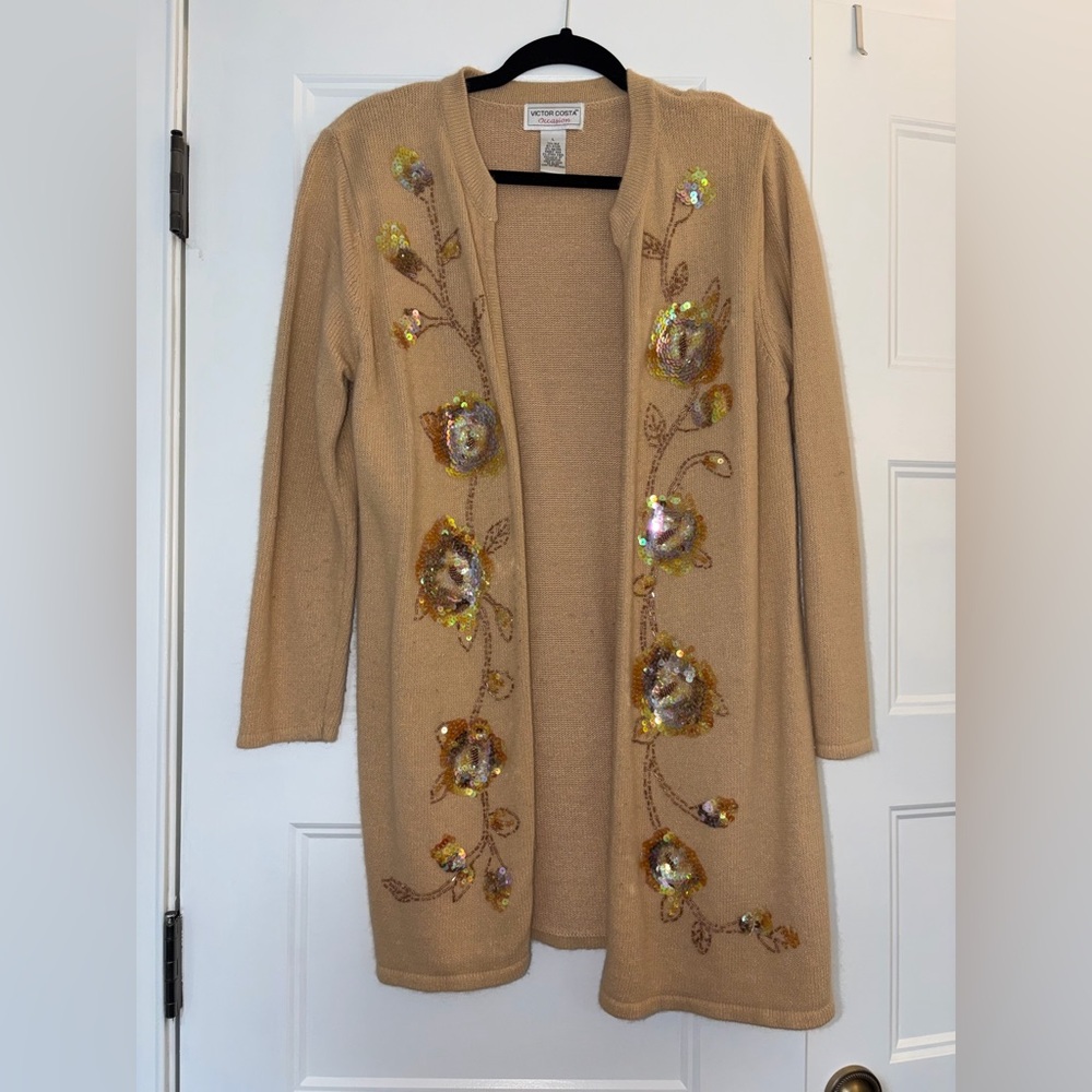 VINTAGE Victor Costa Tan Sequin Long open cardigan / Knitwear, large